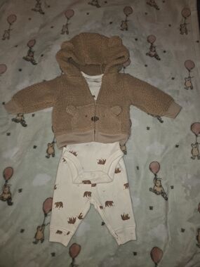 🧸New Carter's Cozy Bear Sherpa Baby Jacket + Bear Print Bodysuit 3 piece Set 🐻